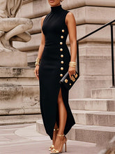 Buttoned Solid Color Split-Side Bodycon Sleeveless High Neck Maxi Dresses